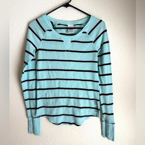 PINK Victoria's Secret Aqua and Black Striped Long Sleeve Waffle Knit Top size M
